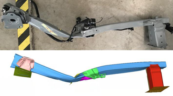 图4 40%偏置碰撞防撞梁及吸能盒变形模式对比