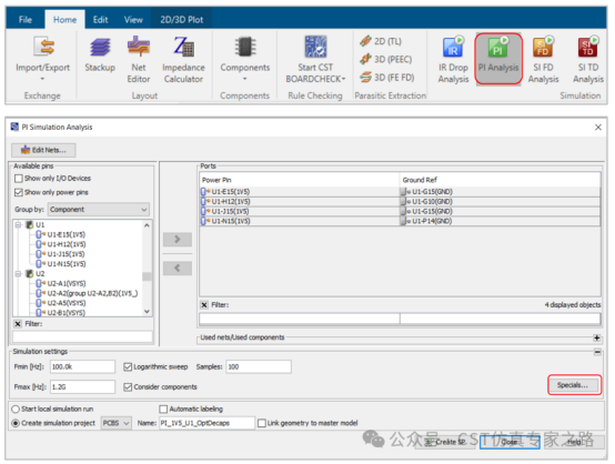 在pi仿真分析对话框中进行设置
